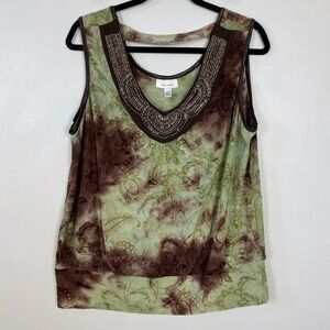 Dressbarn Green Brown Tie Dye Burnout Tank Embellished Beaded Neckline Petite XL